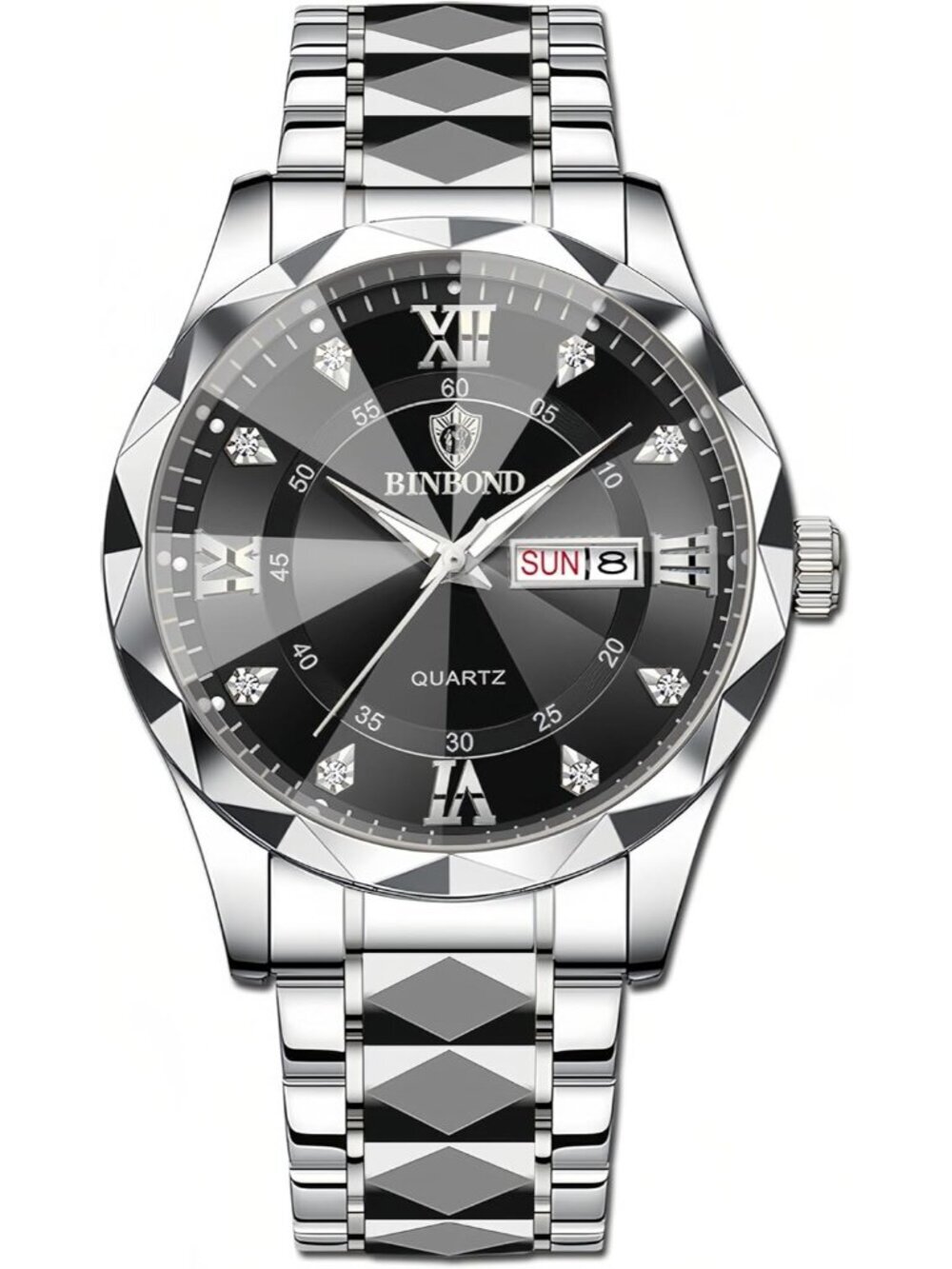 Unisex Black Silver Analog Stainless Steel Roman Numeral Diamond Luxury Watch